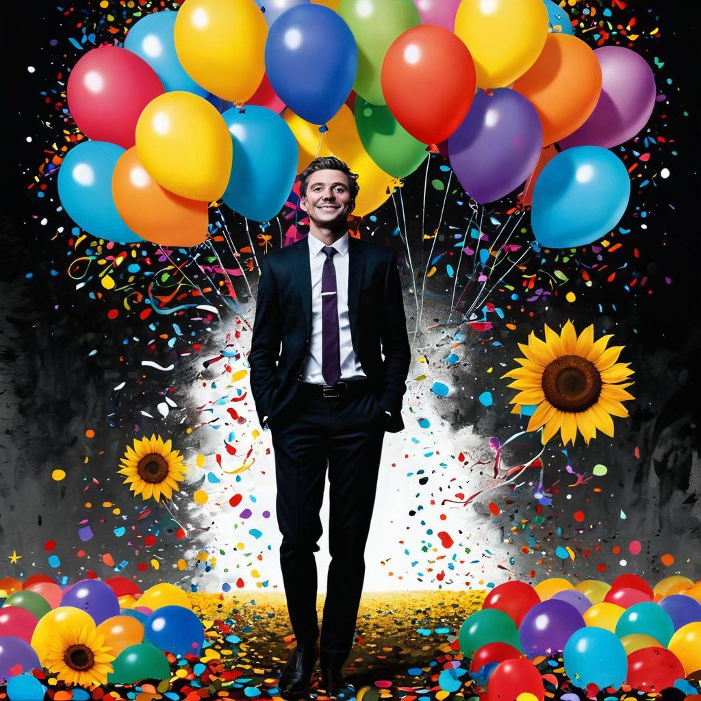 A whimsical, shadowy figure with a playful expression, surrounded by vibrant colors representing unexpected sources of joy, like balloons, confetti, and sunflowers. The background shows a mix of dark and light elements, symbolizing the contrast between darkness and cheerfulness. Incorporate elements like stars and whimsical creatures smiling, adding to the festive atmosphere. surrealistic. vibrant colors. dreamy background.