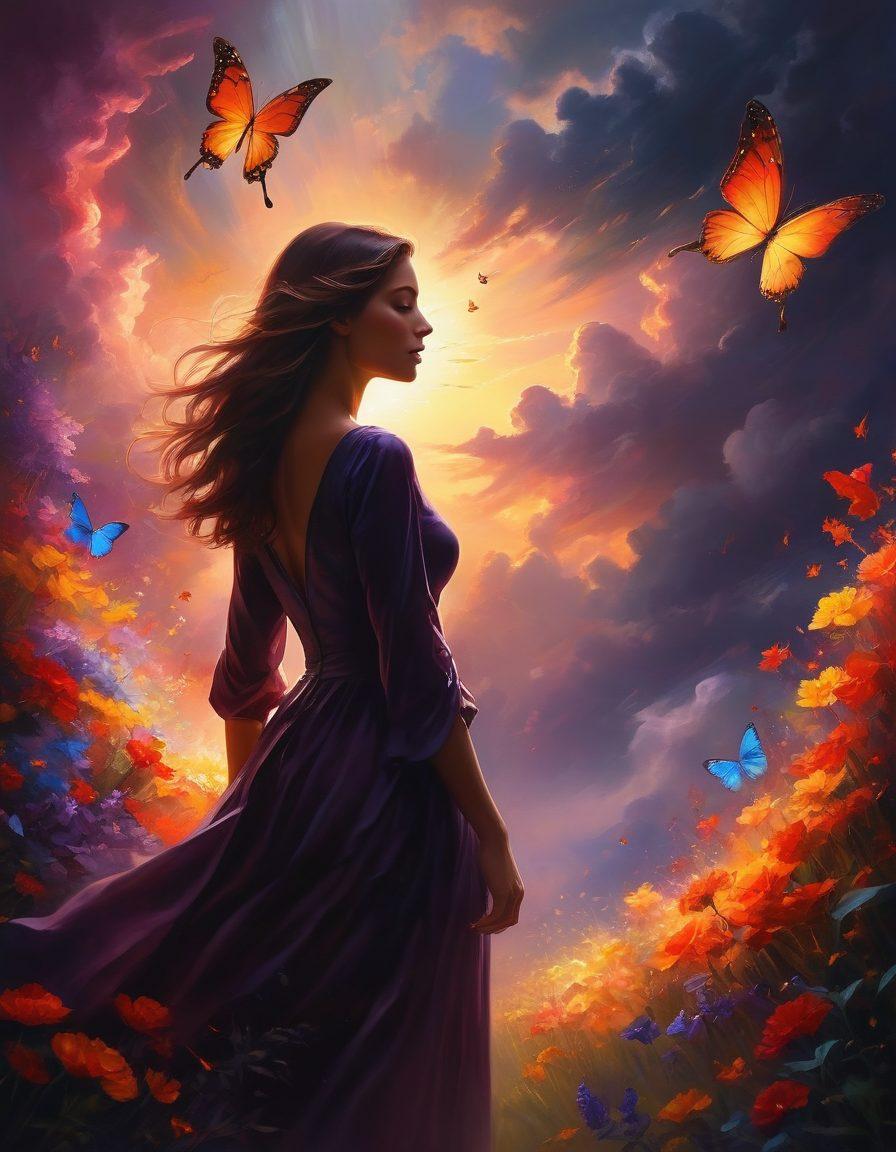 A stunning contrast between shadowy figures and bright, radiant elements, symbolizing the journey from darkness to delight. Include soft, glowing light breaking through dark clouds, illuminating a person joyfully discovering colorful flowers and butterflies. The background should blend dark hues fading into warm, vibrant tones. hint of transformation and hope. painting. vibrant colors.