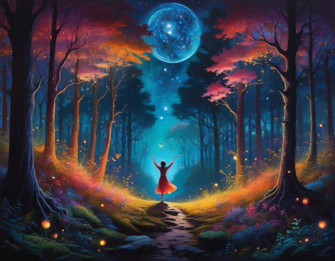 A surreal landscape depicting a dark, shadowy forest illuminated by glowing orbs of light, symbolizing hidden joys. In the foreground, a figure joyfully dancing, surrounded by whimsical creatures. The background features a starry night sky contrasted with gentle, bright colors emerging from the darkness. Include intricate details that evoke a sense of wonder and discovery. fantasy art. vibrant colors. ethereal lighting.